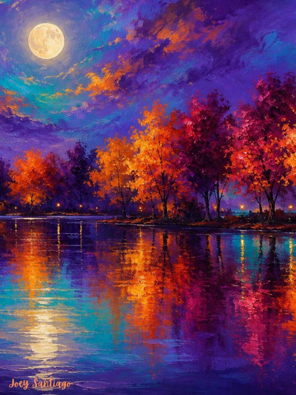 Harvest Moon Reflections Art Print Purple Orange Autumn Lake Wall Decor